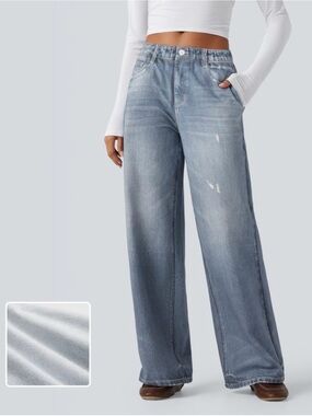 HALARA Mid Rise Denim Print French Terry Casual Sweatpants Jeans with Pockets